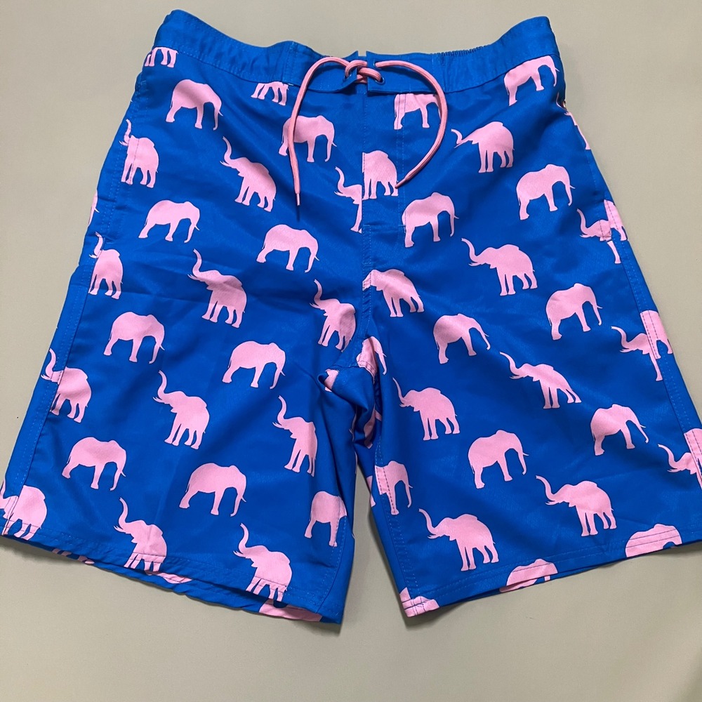 Airwalk Men Swim Trunks Medium Blue Pink Elephant Drawstring Shorts Preppy Party